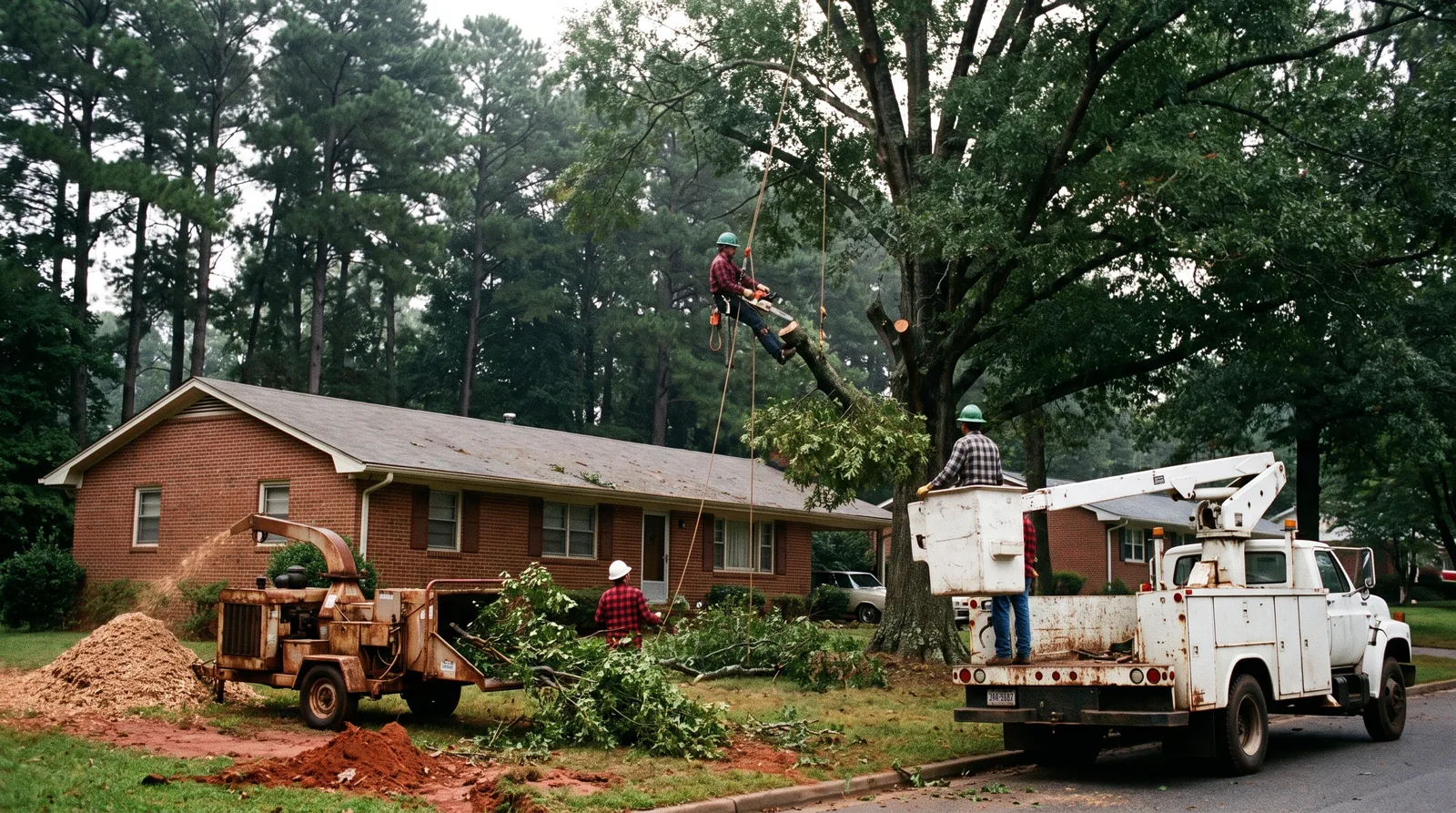 Tree crew sectioning a large willow oak beside a brick ranch home in Concord, NC, with a bucket truck and chipper at the curb