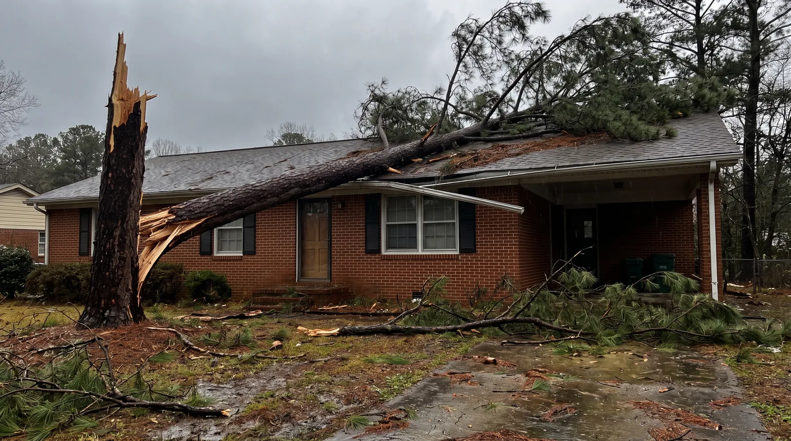 Loblolly pine snapped across the roof of a brick ranch after a Piedmont storm