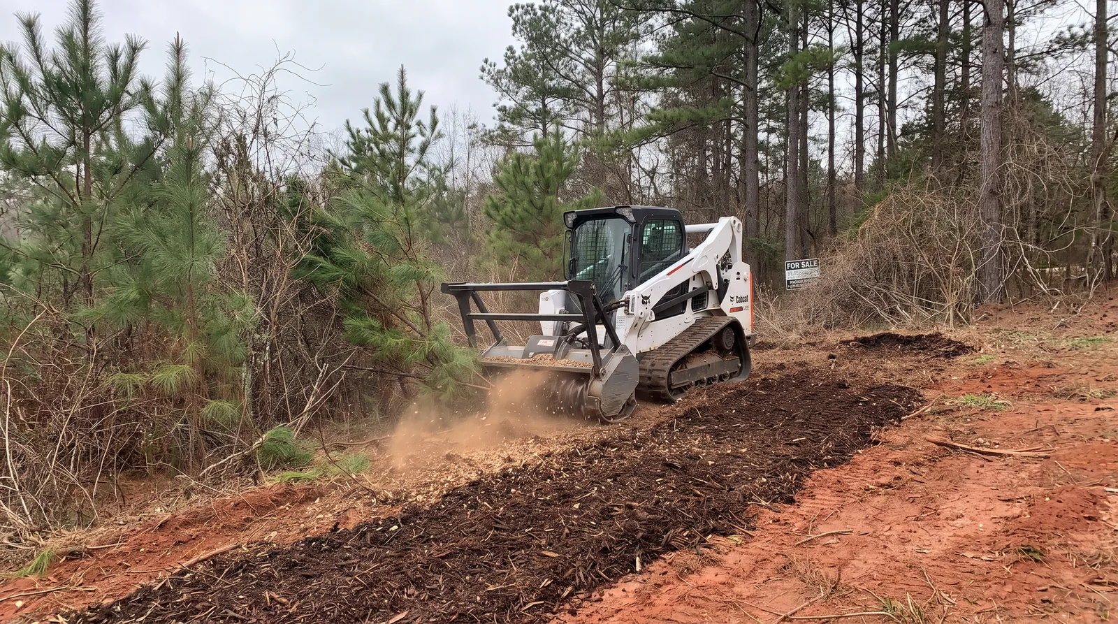 Forestry mulcher clearing loblolly pine and sweetgum on a red-clay lot in Cabarrus County