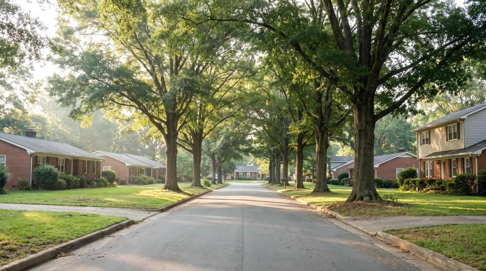 Mature willow oaks arching over a residential street of brick homes in Concord, NC
