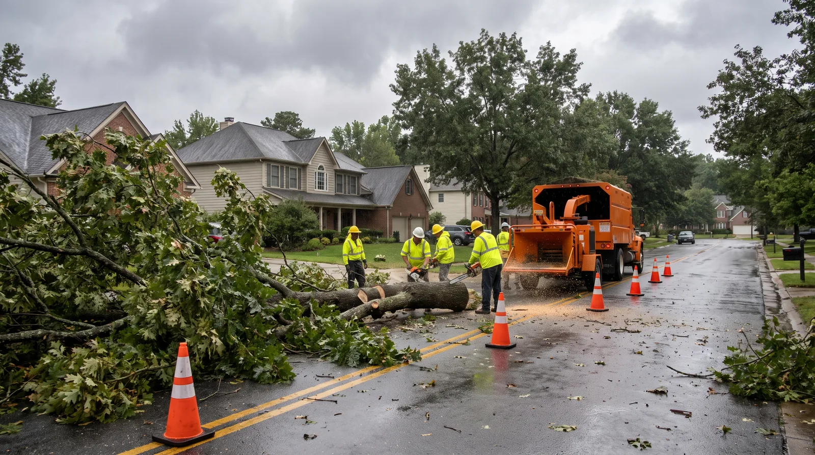 Crew clearing a fallen oak from a suburban street after a hurricane remnant