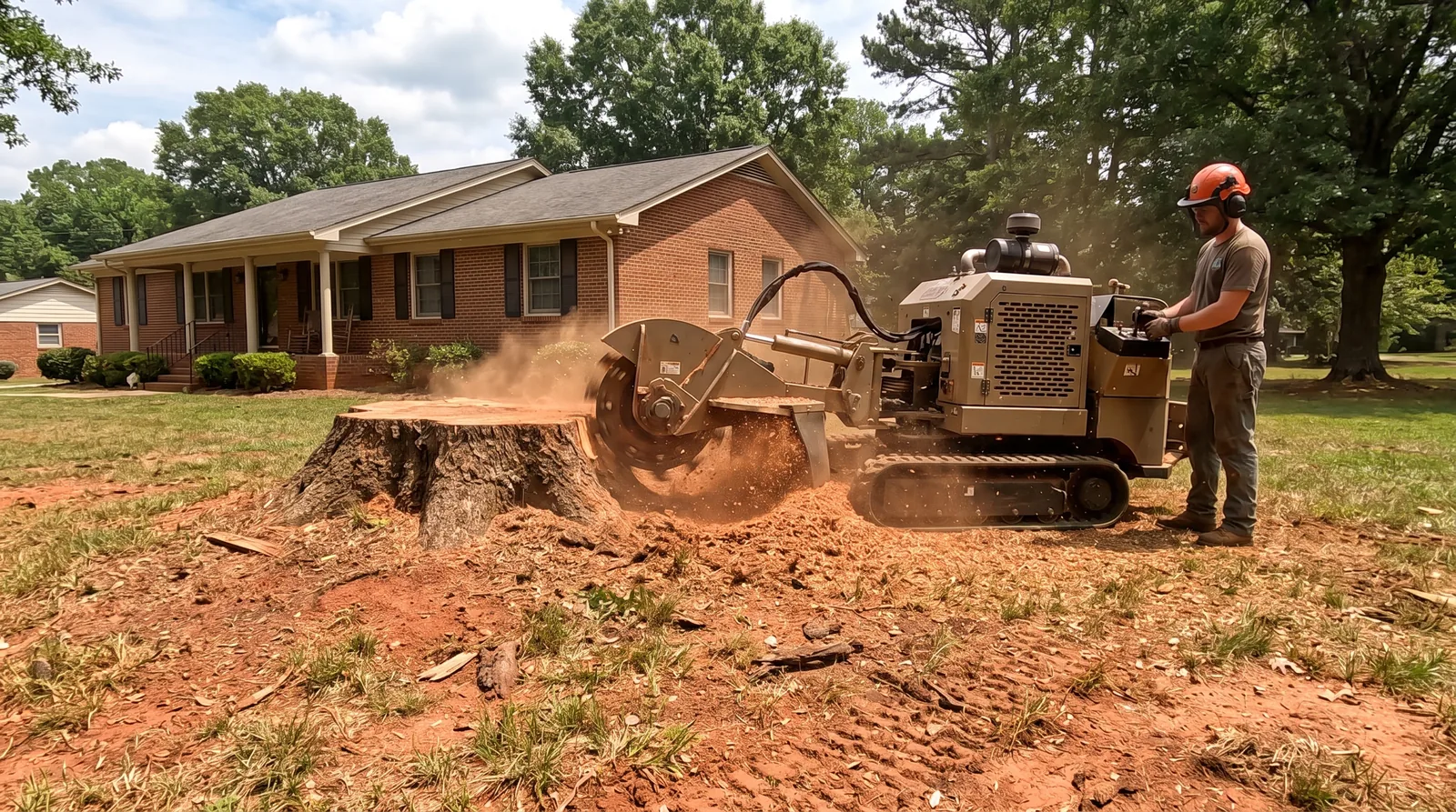 Stump grinder chewing down a large oak stump in a Kannapolis front yard
