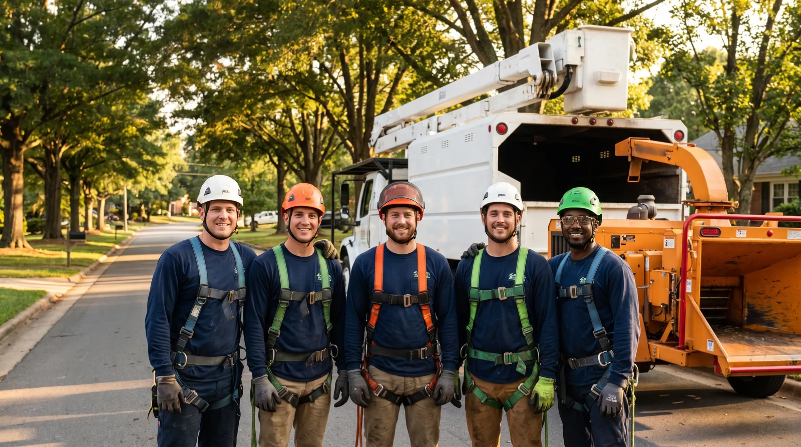 The Concord Tree Co. crew in front of their bucket truck and chipper