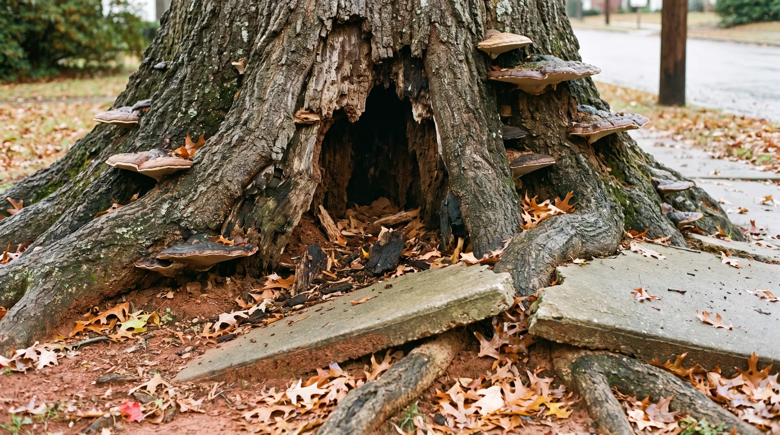 Decay cavity and shelf fungus at the base of an old water oak lifting a sidewalk