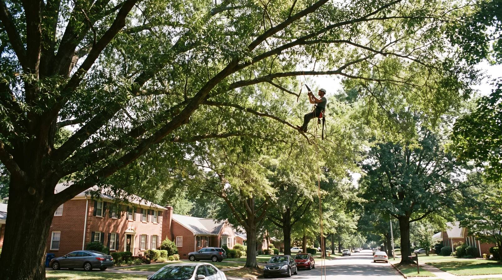 Arborist thinning deadwood high in a mature willow oak over a tree-lined Concord street